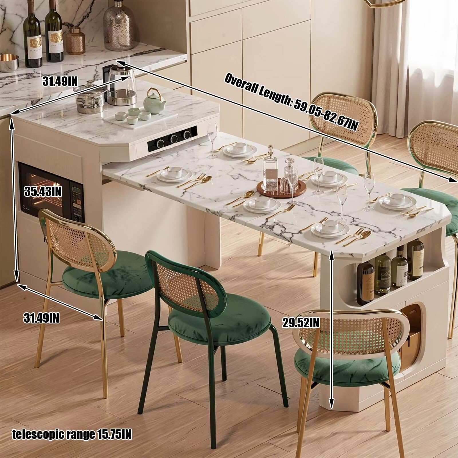 60"-79"Marble Kitchen Island with Extendable Dining Table, Oven & Built-in Power Station