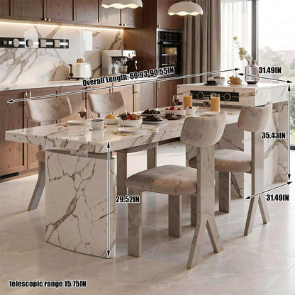 60"-79"Marble Kitchen Island Dining Combo with Built-in Outlets & Storage Cabinet