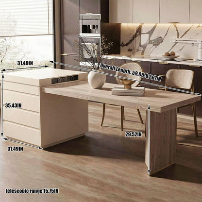 60"-79"Modern Wood Kitchen Island Dining Combo with Built-in Outlets & Storage Drawers