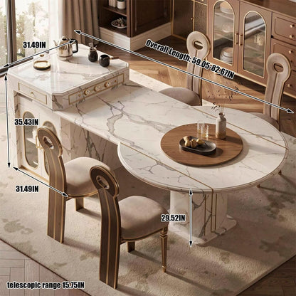 60"-79"Marble Kitchen Island Dining Combo with Built-in Outlets, Storage & Lazy Susan