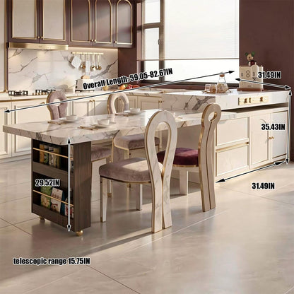 60"-79"Modern Calacatta Marble Kitchen Island with Integrated Dining Table & Gold Trim