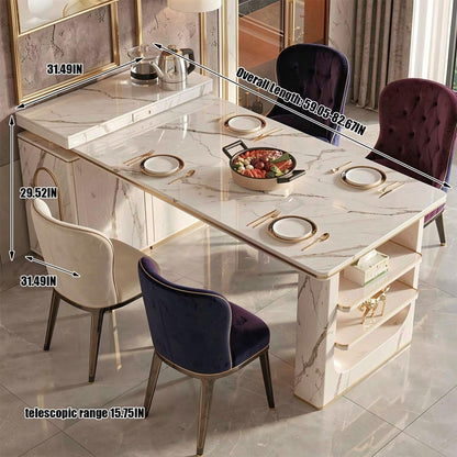 60"-79"Elegant Marble Kitchen Island Dining Set with Built-in Tea Station & Open Shelves