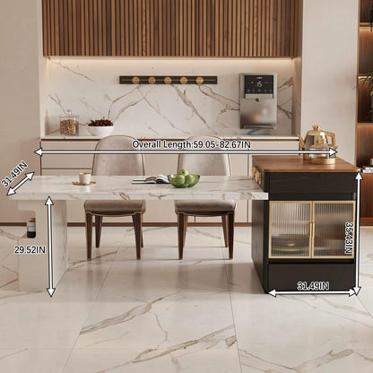 60"-79"Marble & Wood Kitchen Island Dining Combo with Built-in Storage Cabinet