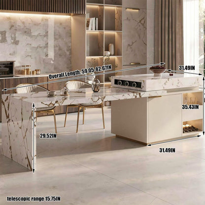Elegant Italian Style Kitchen Island with Marble Top, Gold Base & Built-in Power Hub