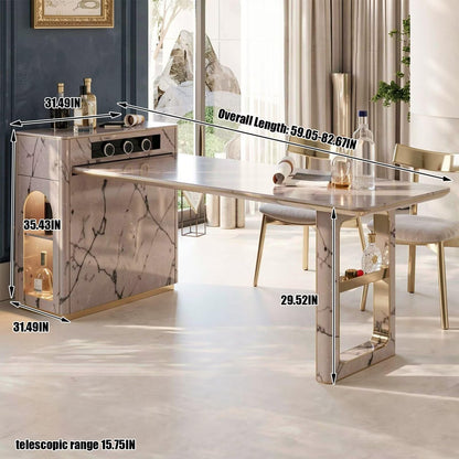 60"-79"Luxury Pink Marble Extendable Kitchen Island with Gold Trim & Side Wine Rack