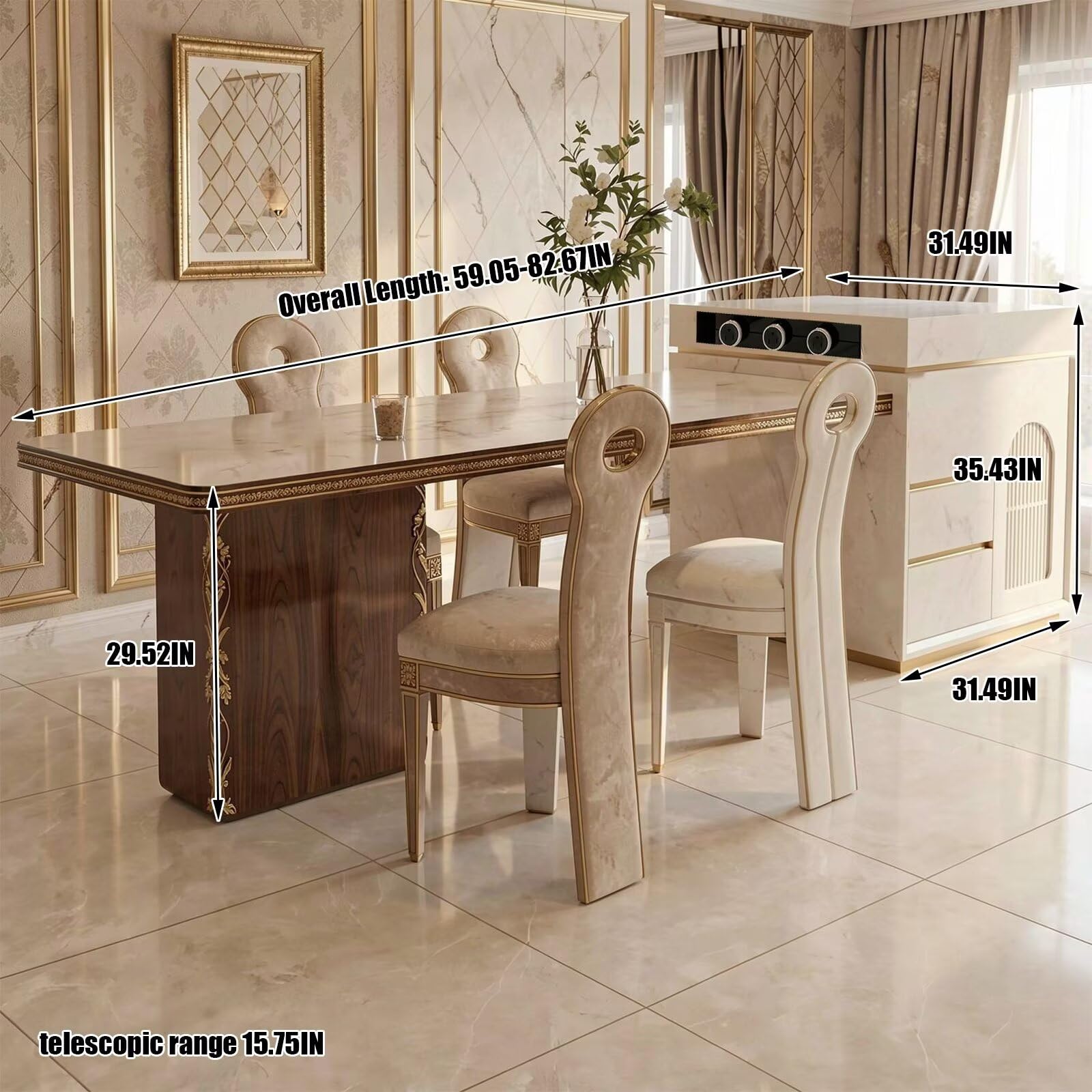 60"-79"Elegant French Style Kitchen Island with Marble Dining Table &amp; Storage Cabinet