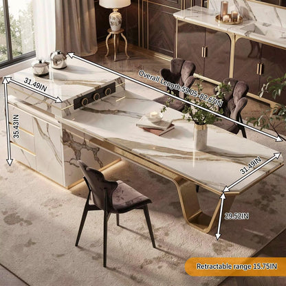 60"-79"Luxury Marble Kitchen Island Dining Combo with Built-in Outlets & Gold Trim Drawers