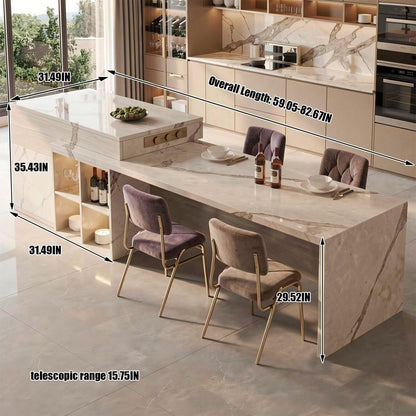 60"-79"Modern Marble Kitchen Island Dining Combo with Built-in Outlets & Open Wine Storage