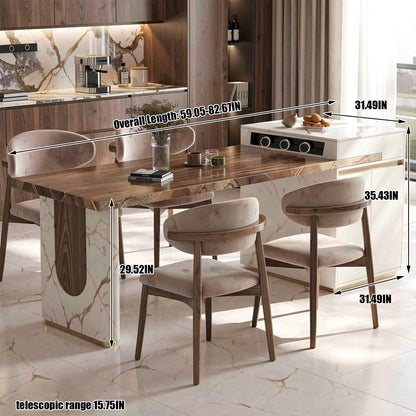 60"-79"Wood & Marble Kitchen Island Dining Table Combo with Built-in Outlets, Modern Luxury