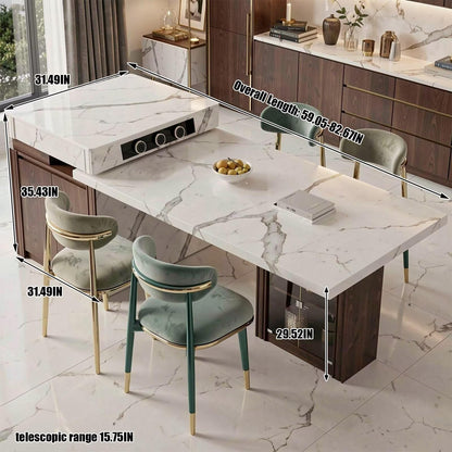 60"-79"Luxury Marble Kitchen Island with Dining Table, Built-in Power Station & Wood Storage