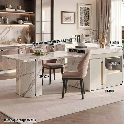 60"-79"Luxury White Marble Kitchen Island with Extendable Dining Table & Gold Trim