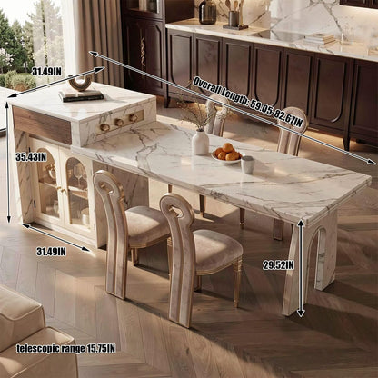 60"-79"French Marble Kitchen Island Dining Combo with Built-in Outlets & Glass Cabinet