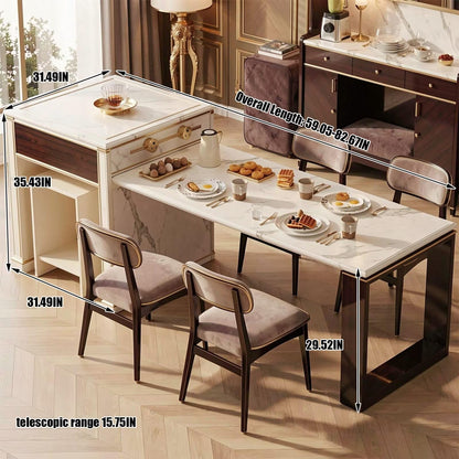 60"-79"Modern Kitchen Island with Marble Top, Wooden Base & Integrated Dining Table