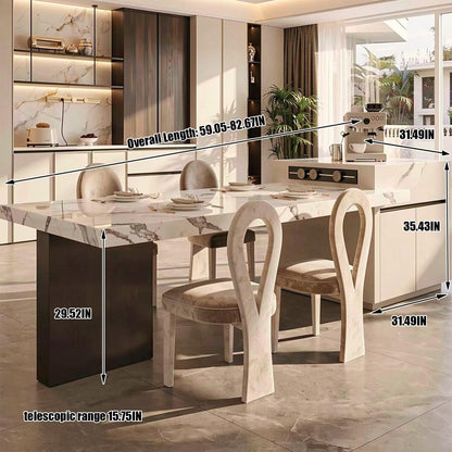 60"-79"Luxury Marble Kitchen Island Dining Combo with Built-in Outlets & Side Storage Cabinet