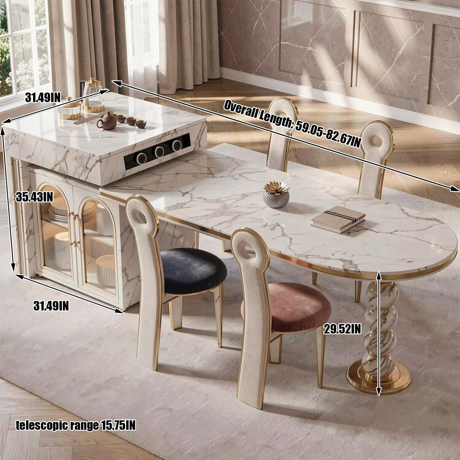 60"-79"Luxury Marble Kitchen Island with Oval Dining Table, Tea Station & Gold Trim