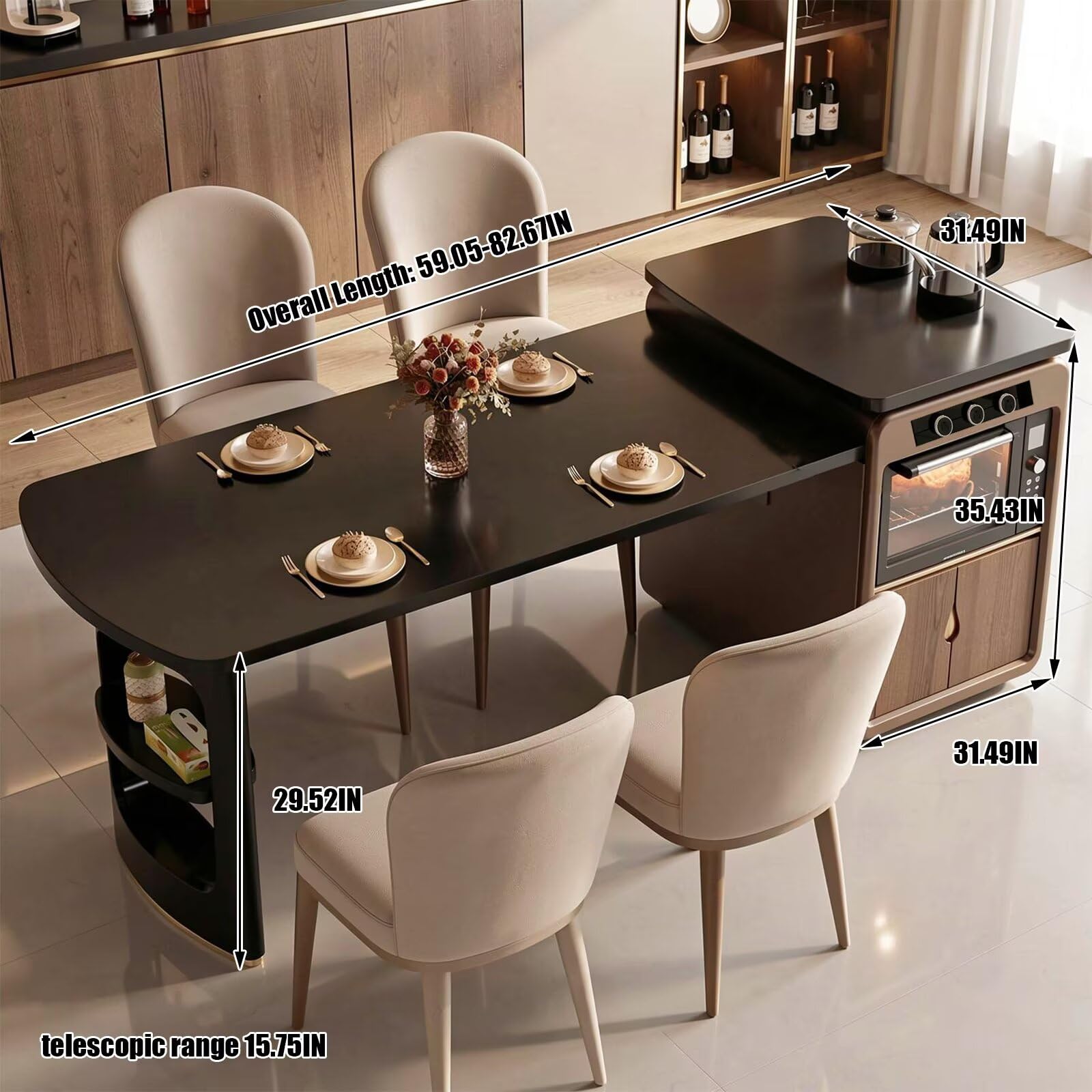 60"-79"Luxury Kitchen Island with Dining Table, Tea Station &amp; Smart Kitchen Appliance