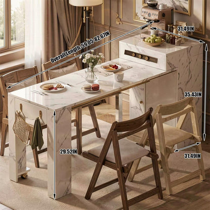 60"-79"Rolling Marble Kitchen Island Dining Combo with Built-in Power Strip & Coffee Station