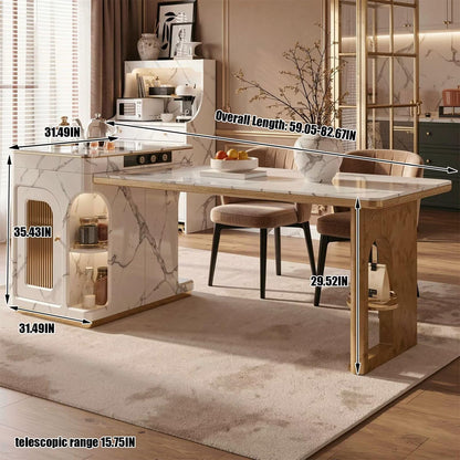 60"-79"Luxury Marble & Wood Kitchen Island with Integrated Dining Table & Tea Station