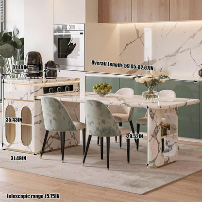 Marble Kitchen Island with Extendable Dining Table, Power Station & Storage Cabinet