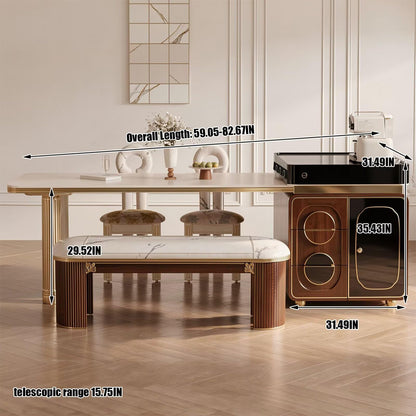 60"-79"Luxury Marble Kitchen Island with Dining Table, Gold Trim & Wooden Storage Cabinet
