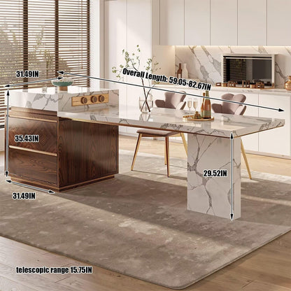 60"-79"Elegant Marble Kitchen Island Dining Set with Wood Accents & Integrated Storage