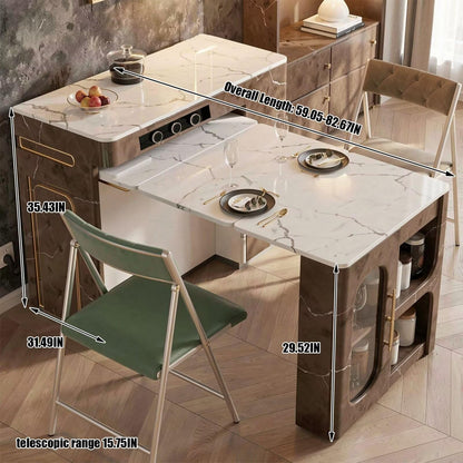 60"-79"Retro Marble Kitchen Island with Extendable Dining Table & Built-in Power Station