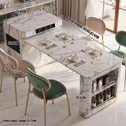 60"-79"Marble Kitchen Island Dining Table with Wine Rack & Storage, Luxury Gold Trim