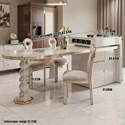 60"-79"Luxury Oval Marble Kitchen Island with Gold Trim, Built-in Power & Cabinet Storage