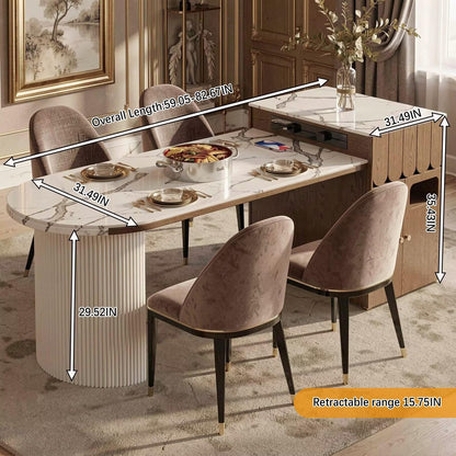 60"-79"Marble & Wood Kitchen Island Dining Combo with Built-in Outlets & Fluted Base