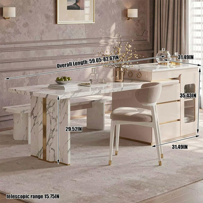 60"-79"White Marble Kitchen Island Dining Combo with Built-in Outlets & Storage Drawers