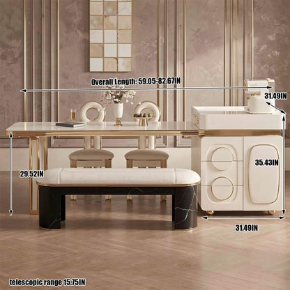 60"-79"White & Gold Kitchen Island Dining Combo with Built-in Outlets & Storage Cabinet