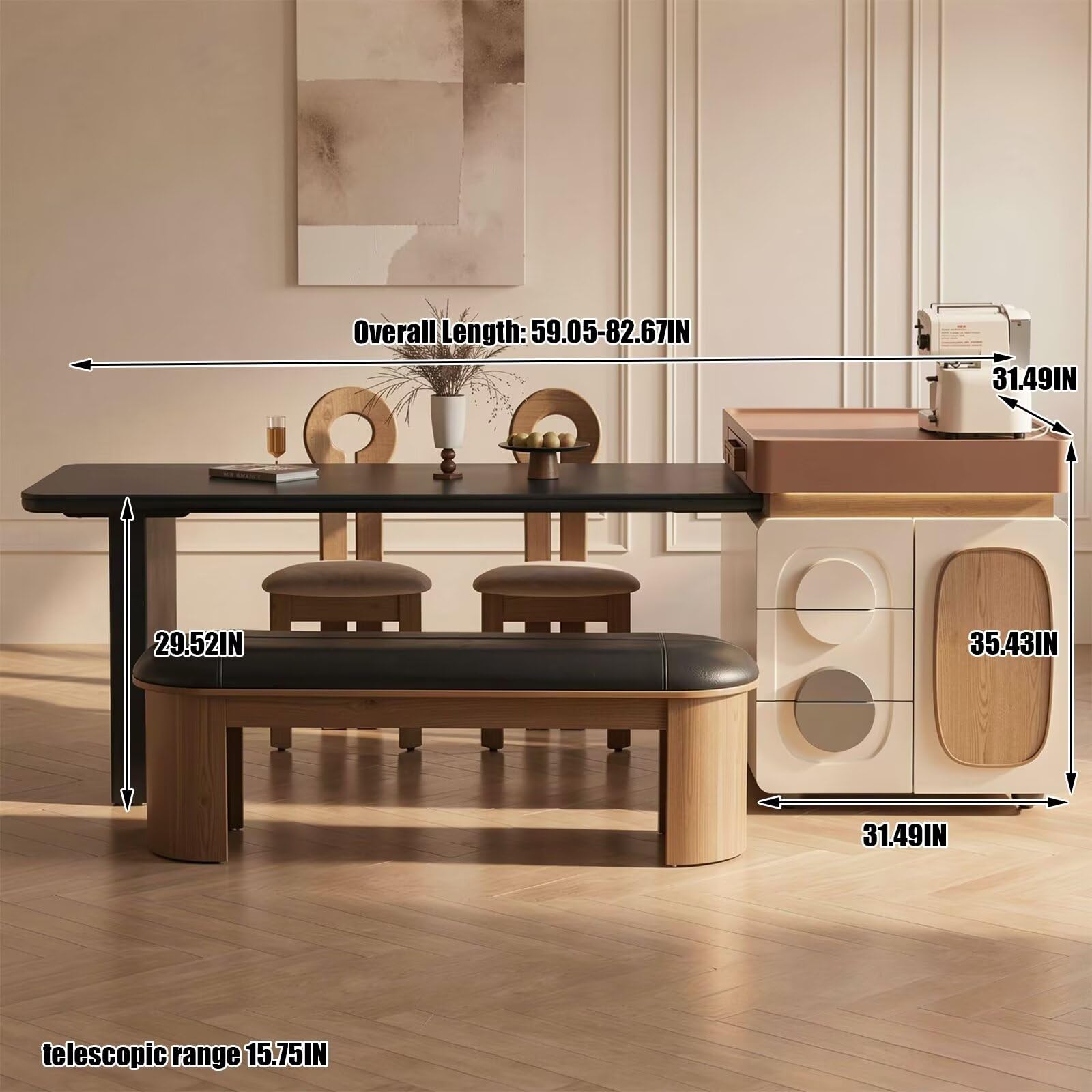 60"-79"Cream Style Kitchen Island Combo with Black Dining Table & Rolling Storage Cabinet