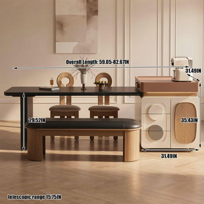 60"-79"Cream Style Kitchen Island Combo with Black Dining Table & Rolling Storage Cabinet