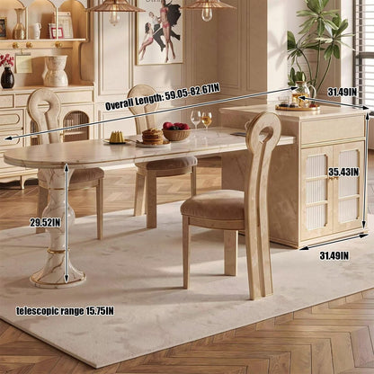 60"-79"French Cream Marble Kitchen Island Dining Combo with Storage Cabinet & Gold Trim