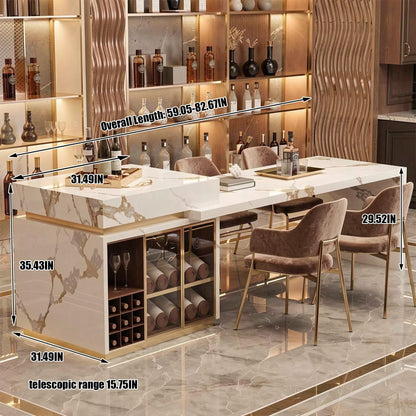 60"-79"Luxury Marble Kitchen Island Dining Combo with Built-in Wine Rack & Gold Trim