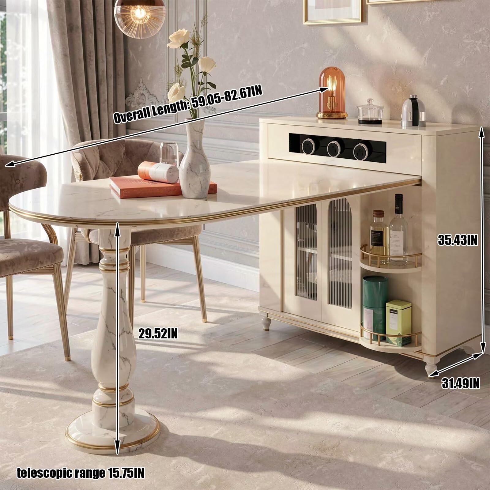 60"-79"Luxury Marble Kitchen Island with Oval Dining Table, Gold Trim & Wine Storage
