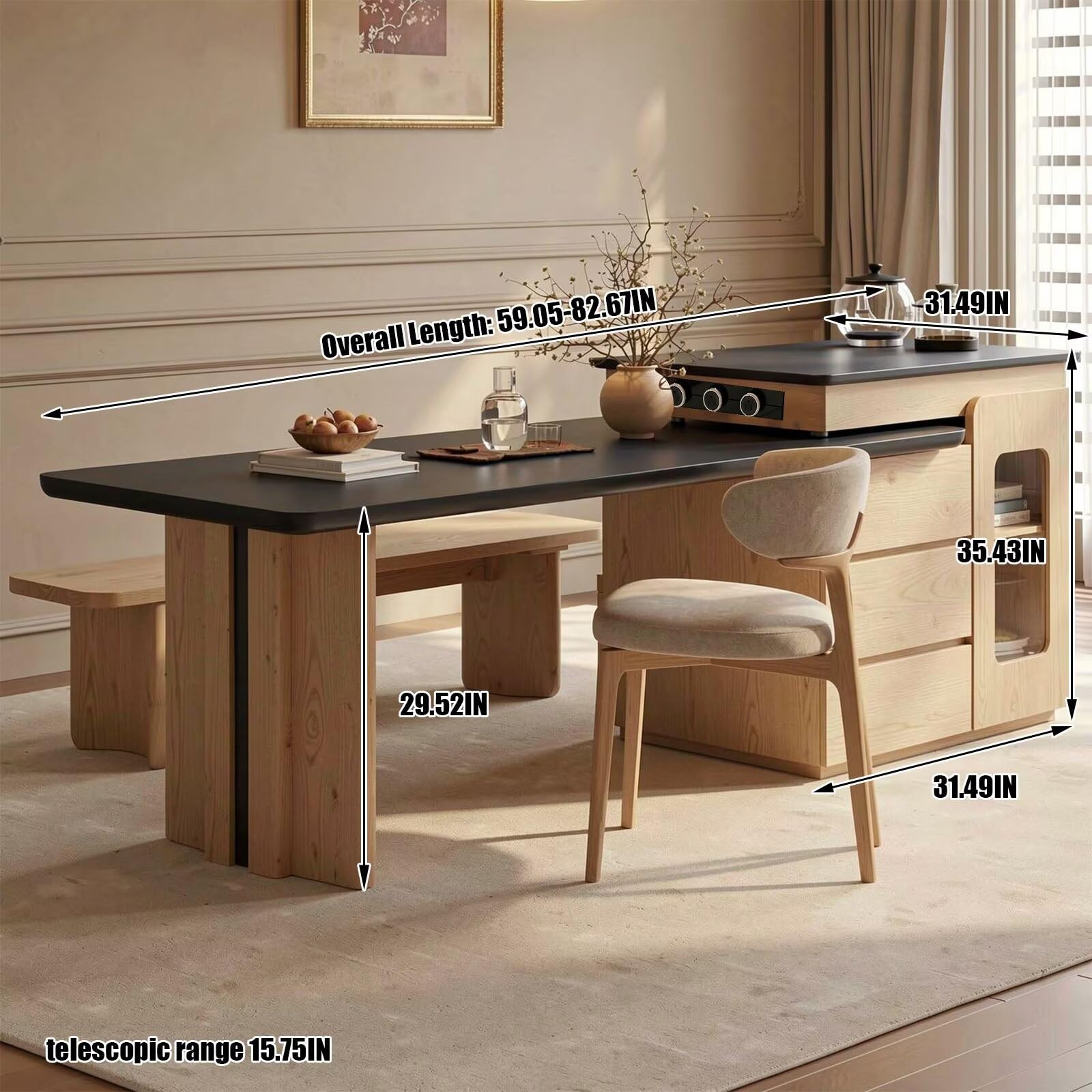 60"-79"Modern Wood Kitchen Island with Black Dining Table & Built-in Power Station