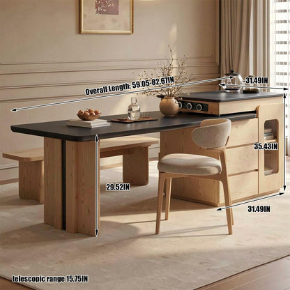 Modern Wood Kitchen Island with Black Dining Table & Built-in Power Station