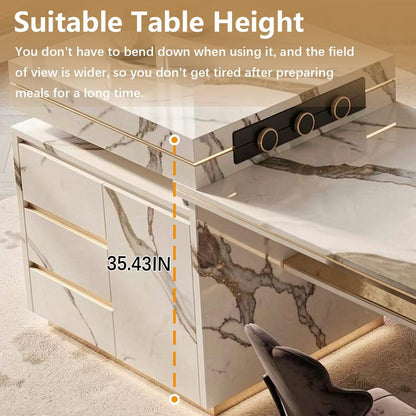60"-79"Luxury Marble Kitchen Island Dining Combo with Built-in Outlets & Gold Trim Drawers