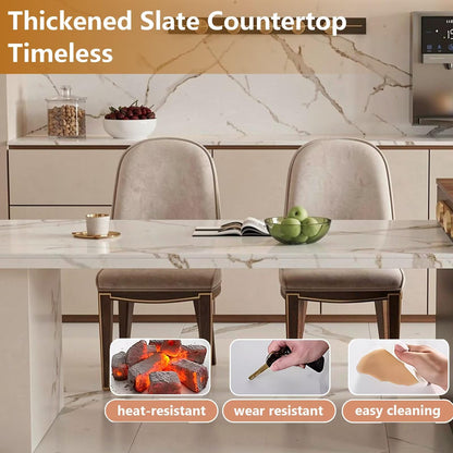 60"-79"Marble & Wood Kitchen Island Dining Combo with Built-in Storage Cabinet