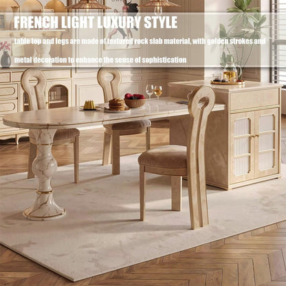 60"-79"French Cream Marble Kitchen Island Dining Combo with Storage Cabinet & Gold Trim