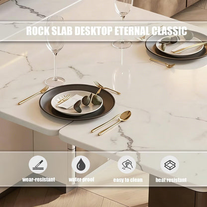60"-79"Retro Marble Kitchen Island with Extendable Dining Table & Built-in Power Station