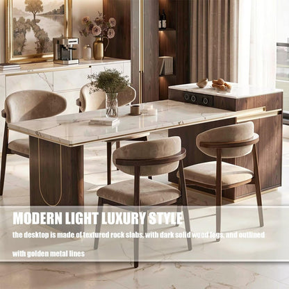 60"-79"Contemporary Marble & Walnut Kitchen Island with Built-in Outlets & Side Cabinet