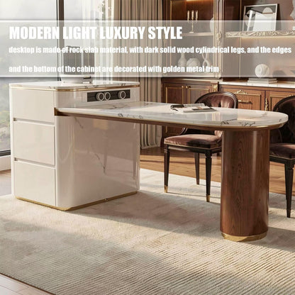 60"-79"Luxury Marble & Wood Kitchen Island Dining Combo with Built-in Outlets & Drawers