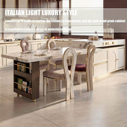 60"-79"Modern Calacatta Marble Kitchen Island with Integrated Dining Table & Gold Trim