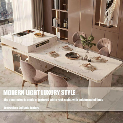 60"-79"Modern Calacatta Marble Kitchen Island with Integrated Dining Table & Gold Accents
