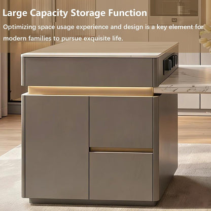 60"-79"Modern Kitchen Island Dining Combo with Marble Top, LED Light & Built-in Outlets