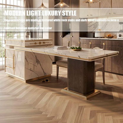60"-79"Elegant Marble Kitchen Island Dining Set with Gold Accents & Storage Drawers