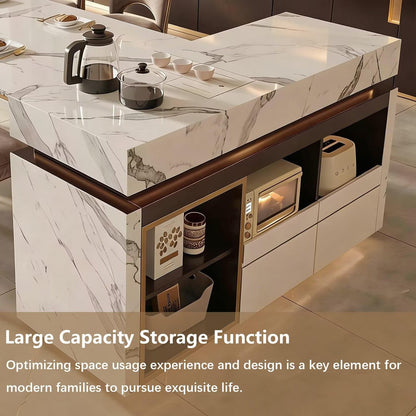 60"-79"Marble Kitchen Island Dining Combo with Built-in Tea Station & Open Storage