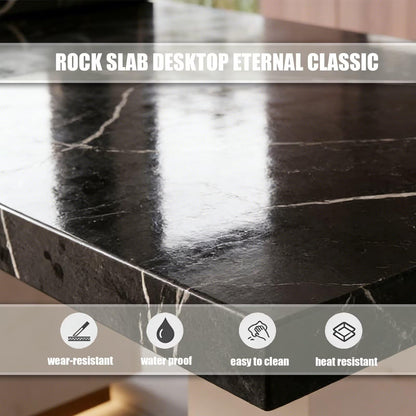 60"-79"Luxury Black Marble Kitchen Island with Dining Table, Built-in Power Station & Storage